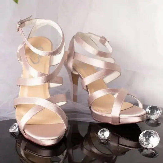 Bree Cross Over Straps Open Toe Stiletto Wedding Bridal Shoe.
