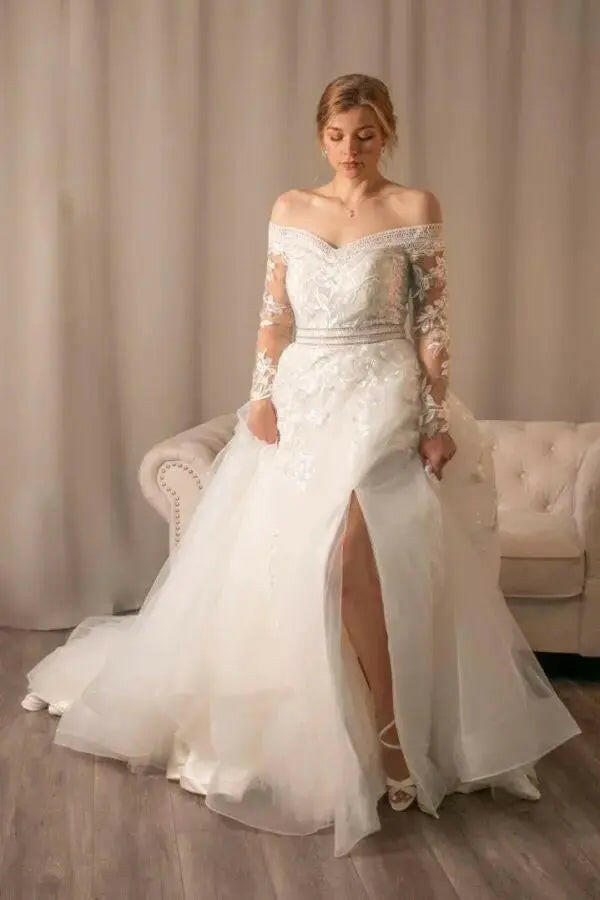 Affordable off the shoulder lace wedding dress 75% off Divine Bridal