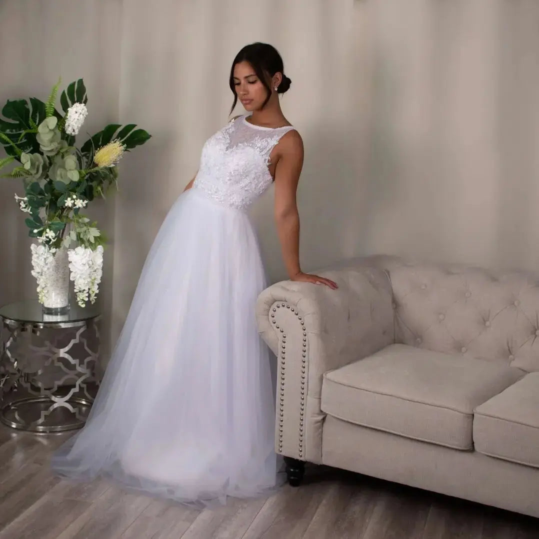 Elaine Debutante Ball Gown: Lace A-line dress.