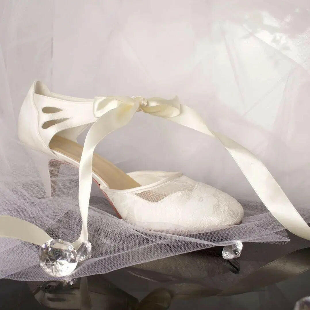 Elise Lace Closed Toe Ankle Strap Wedding Bridal Shoe.