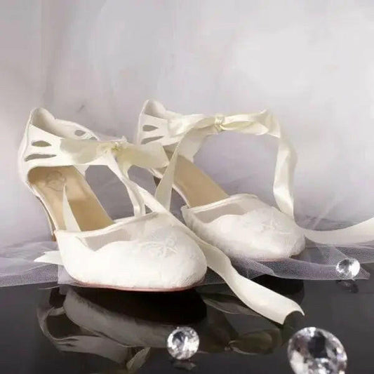 Elise Lace Closed Toe Ankle Strap Wedding Bridal Shoe.
