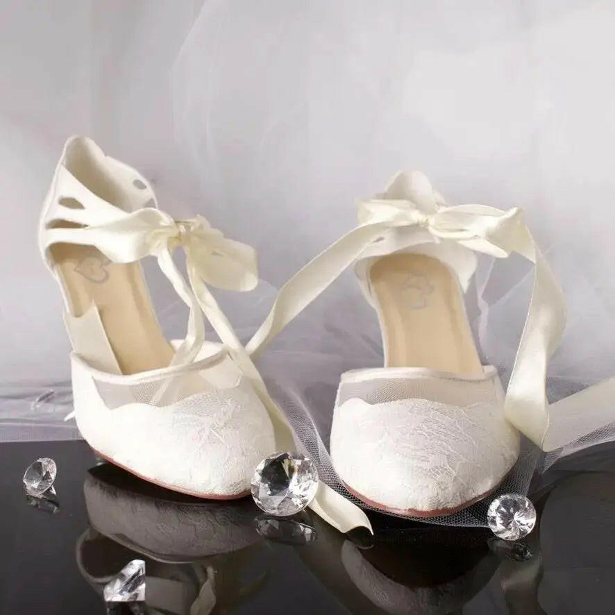 Elise Lace Closed Toe Ankle Strap Wedding Bridal Shoe.