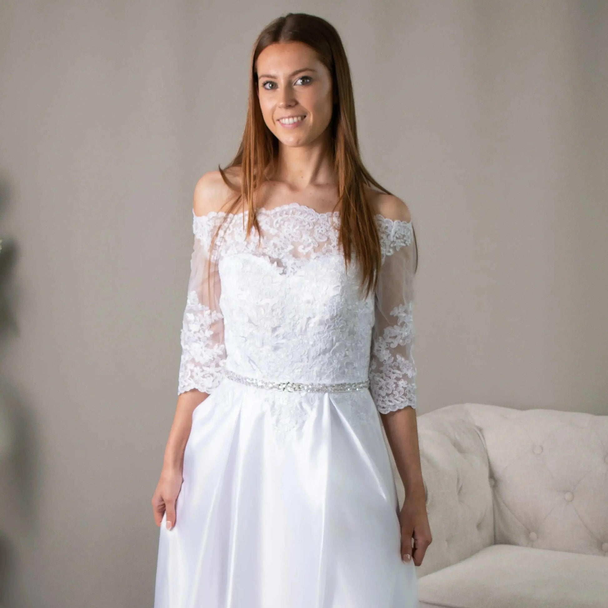 Elizabeth Lace Debutante Dress: Elegant Satin A-Line Deb Dress with Sleeves | Divine Bridal Elizabeth Lace Debutante Dress: Elegant Satin A-Line Deb Dress with Sleeves | Divine Bridal