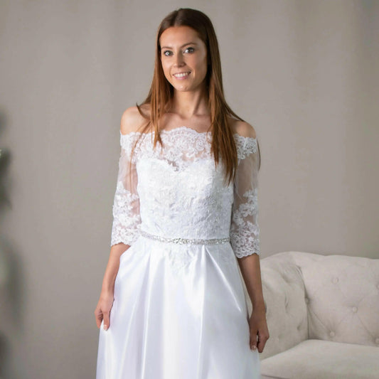 Elizabeth Lace Debutante Dress: Elegant Satin A-Line Deb Dress with Sleeves.