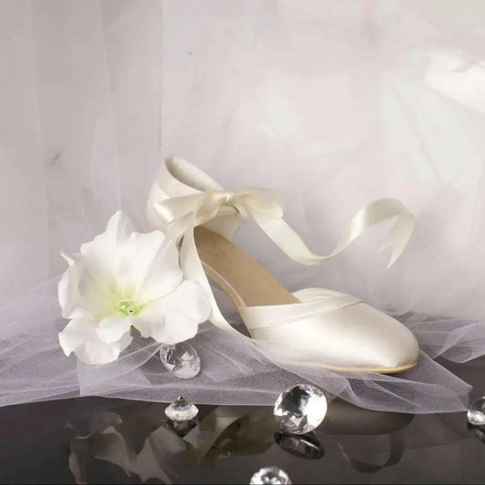 Ellie Closed Toe Ribbon Ankle Strap Wedding Bridal Shoe.