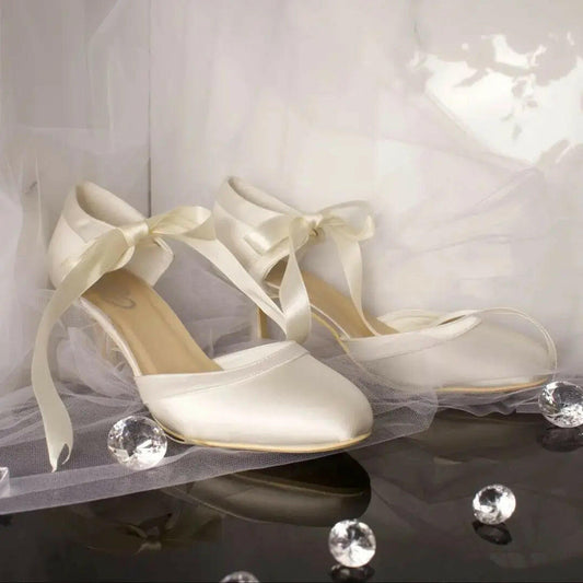 Ellie Closed Toe Ribbon Ankle Strap Wedding Bridal Shoe.
