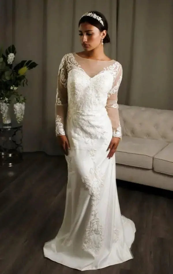 Estelle: Long Sleeve Lace Wedding Dress & Detachable Skirt Gown.