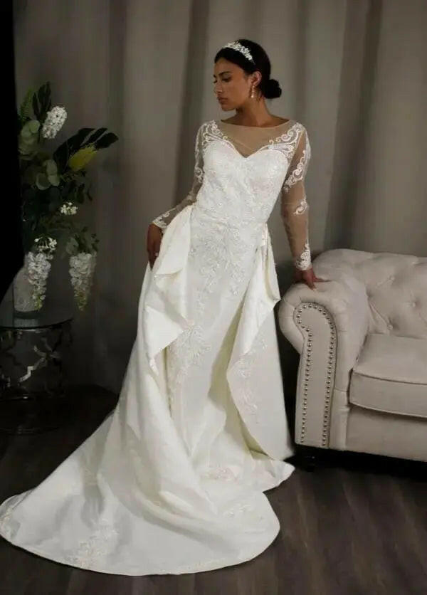 Estelle: Long Sleeve Lace Wedding Dress & Detachable Skirt Gown.