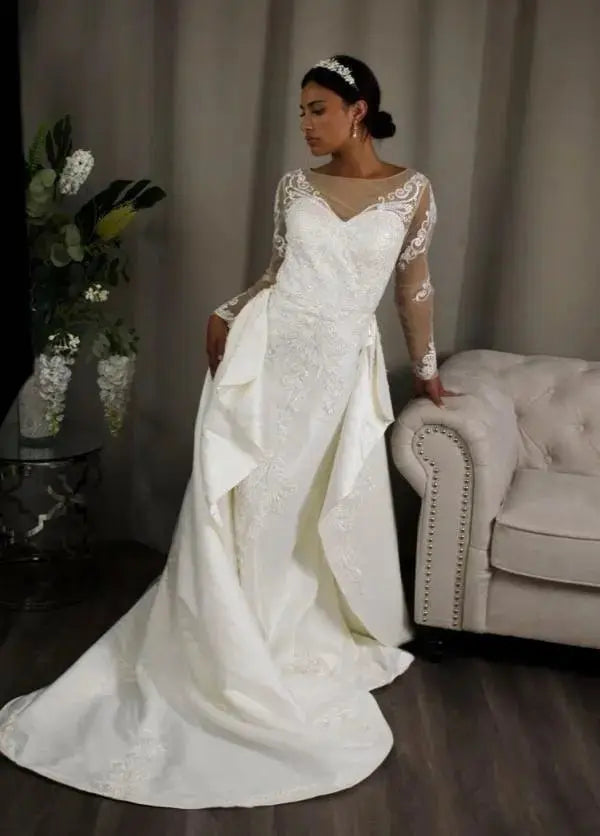 Estelle: Long Sleeve Lace Wedding Dress & Detachable Skirt Gown.
