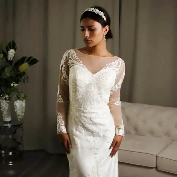 Estelle: Long Sleeve Lace Wedding Dress & Detachable Skirt Gown.