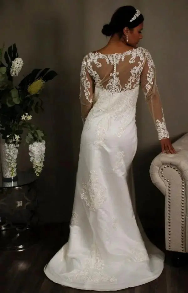 Estelle: Long Sleeve Lace Wedding Dress & Detachable Skirt Gown.