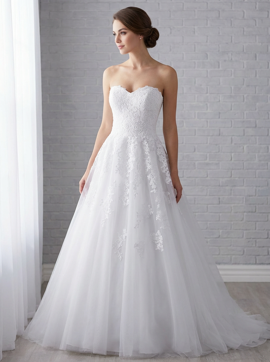 Front view of the Eve lace sweetheart debutante dress Melbourne with detailed lace bodice at Divine Bridal Macleod