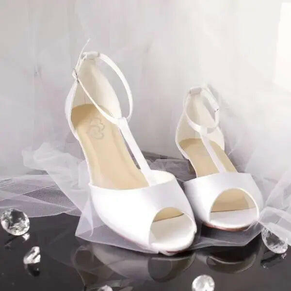 Flora Peep Toe T-bar Ankle Strap Wedding Bridal Shoe.