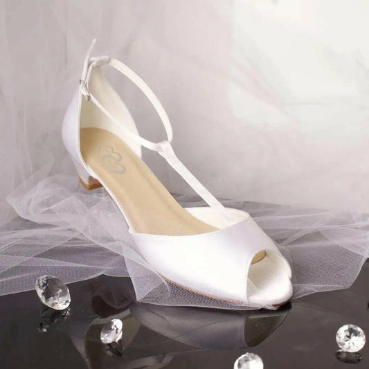 Flora Peep Toe T-bar Ankle Strap Wedding Bridal Shoe.