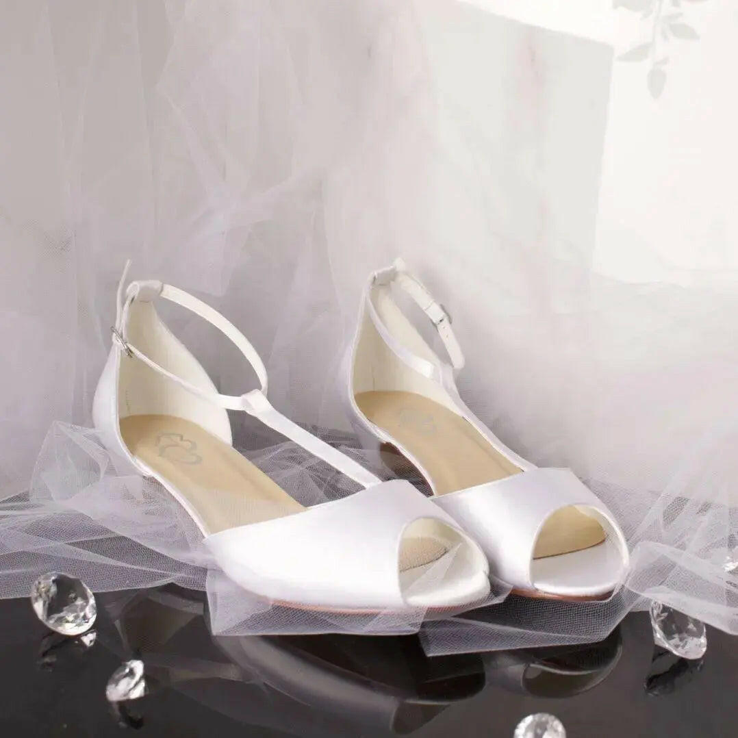 Flora Peep Toe T-bar Ankle Strap Wedding Bridal Shoe.