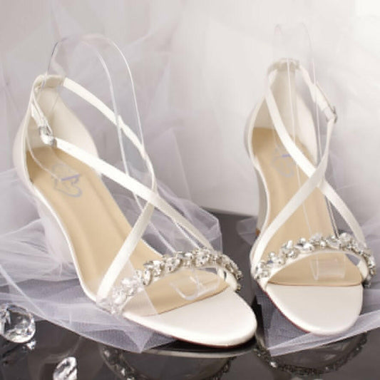 Giselle Open Toe Diamante Cross over Ankle Strap Wedding Bridal Wedge Shoe.