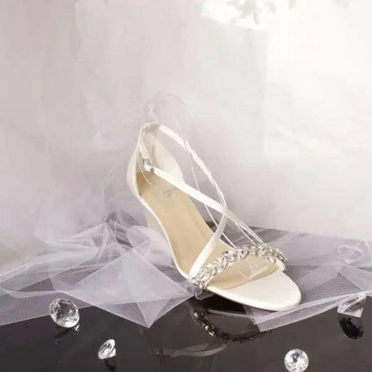 Giselle Open Toe Diamante Cross over Ankle Strap Wedding Bridal Wedge Shoe.