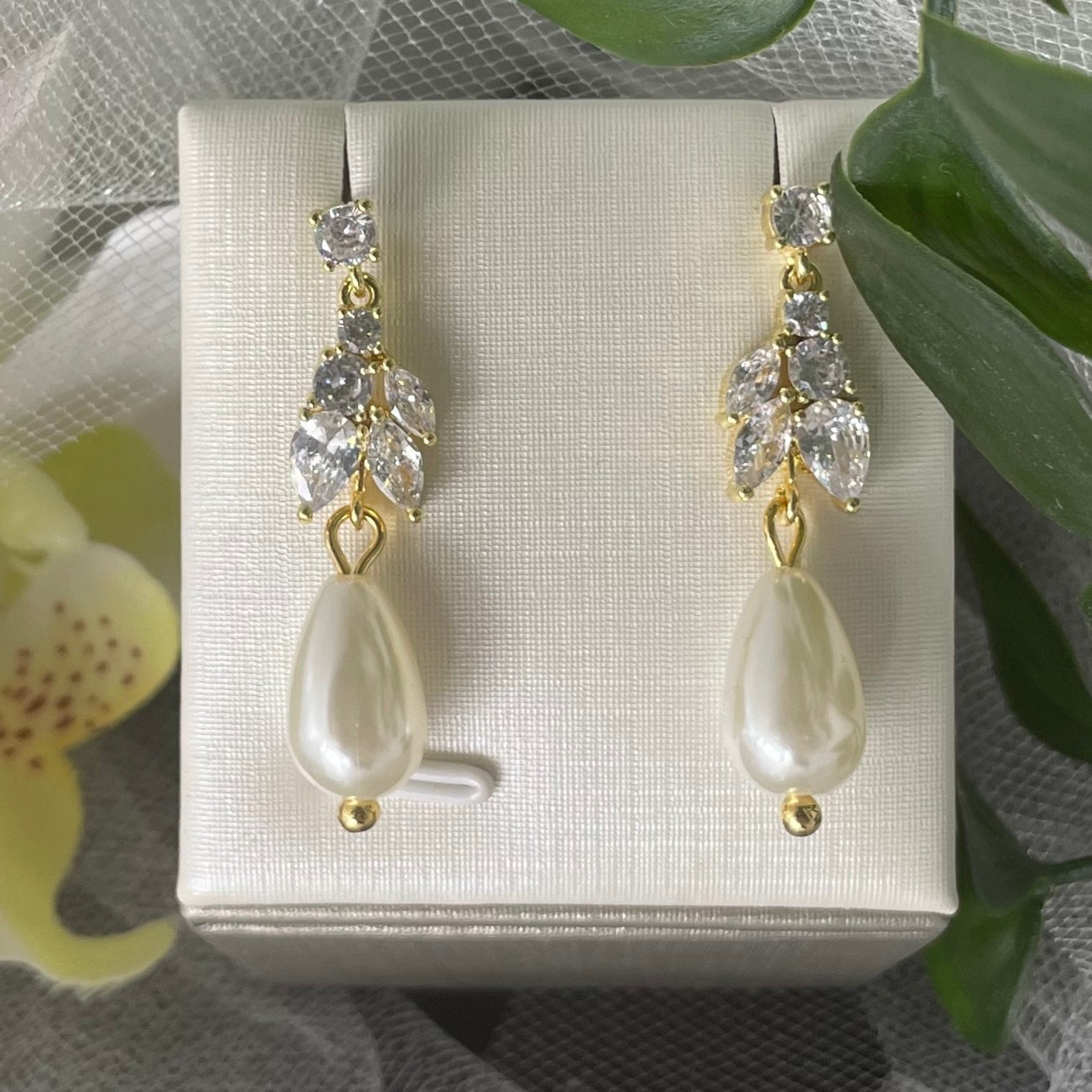 Detail of Bronte Bridal Earrings: Sparkling Crystals & Pearl Pendant - Divine Bridal