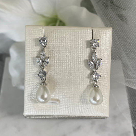 Evelyn Drop Earrings with CZ and Pearl Detailing for Bridal Elegance - Divine Bridal
