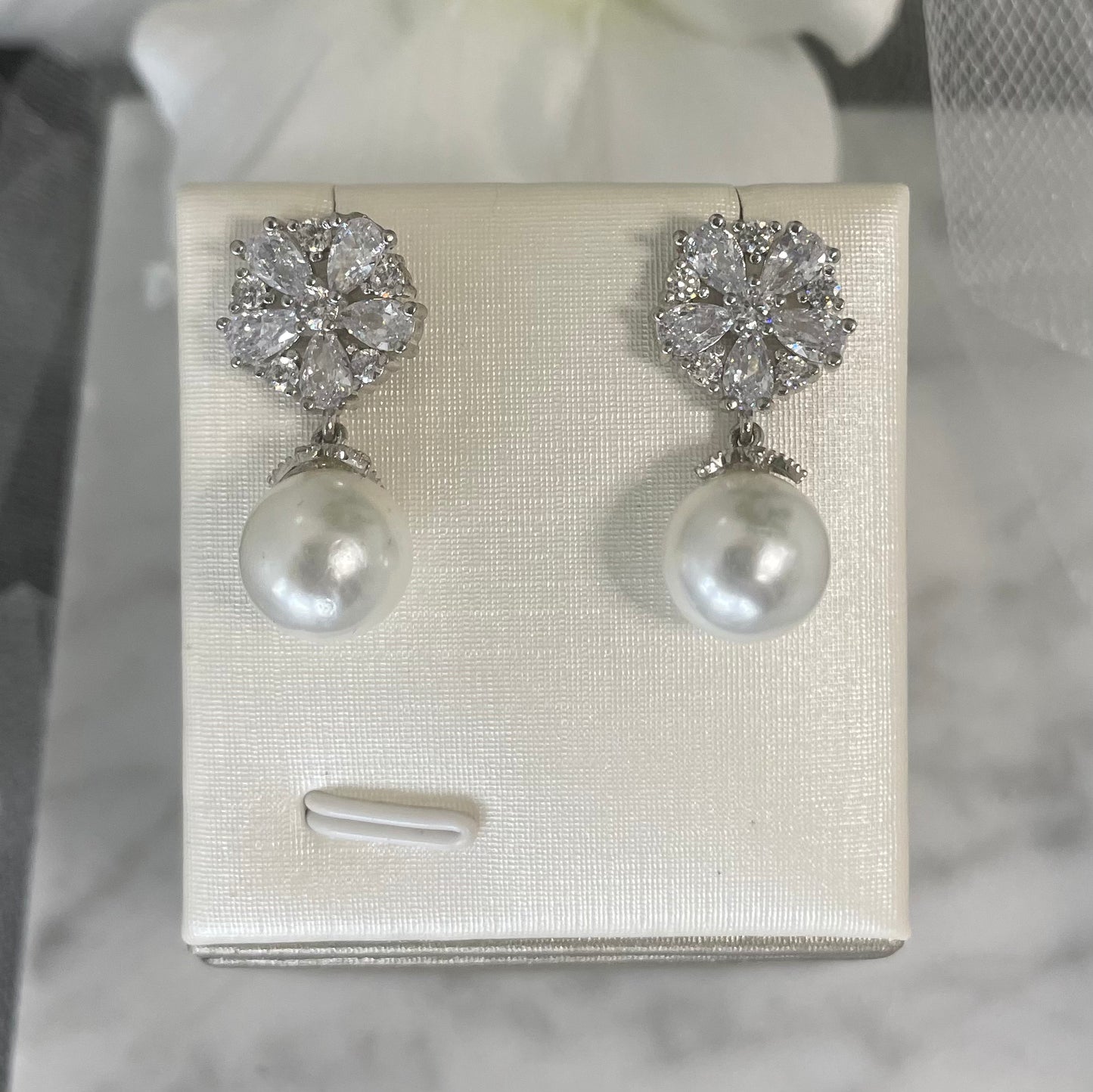 Elsie Bridal Earrings with CZ Flower and Pearl Dangle in Silver Plating - Divine Bridal