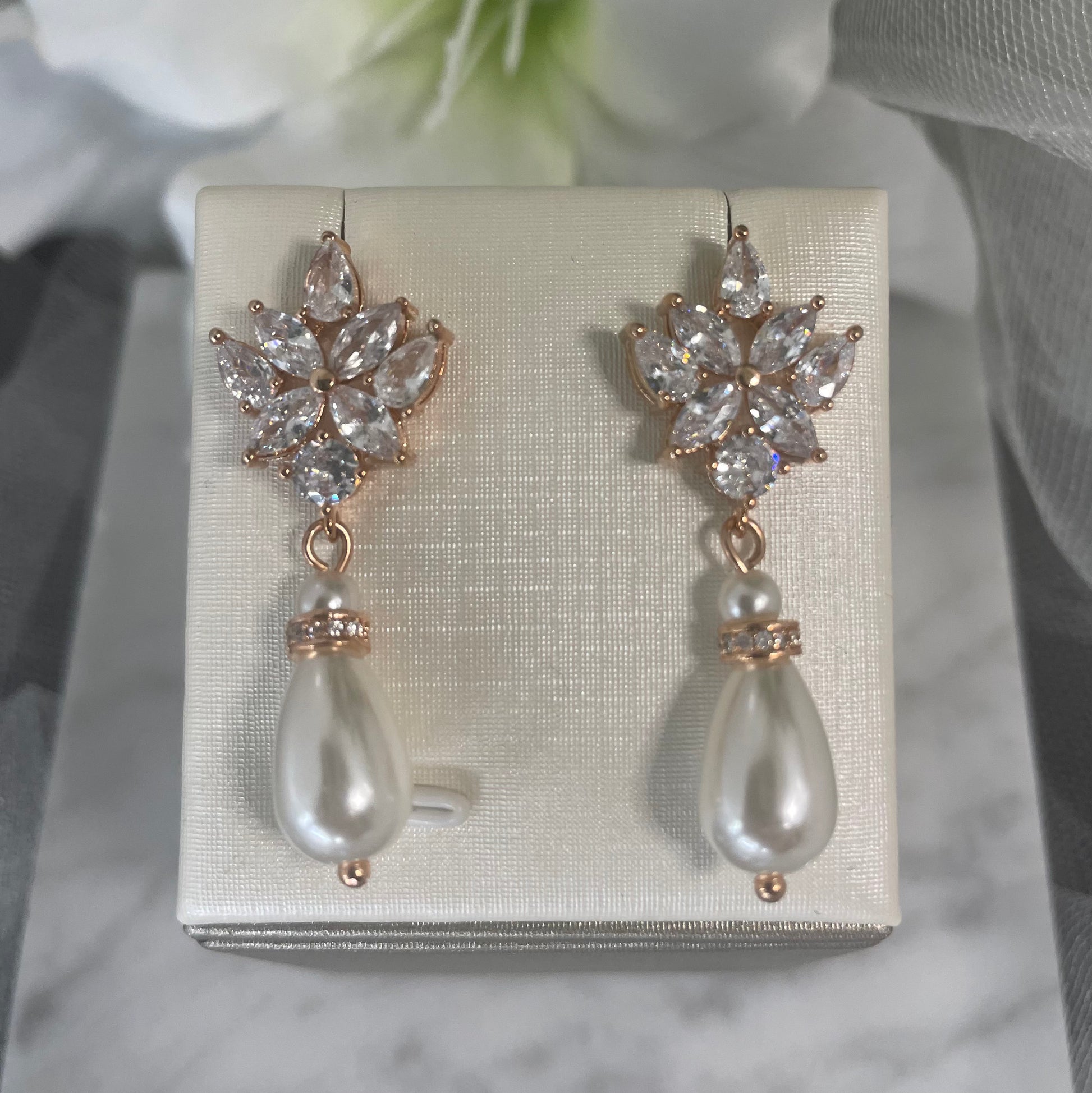 Elegant Lorraine Crystal Pearl Wedding Earrings in Rose Gold and Silver by Divine Bridal