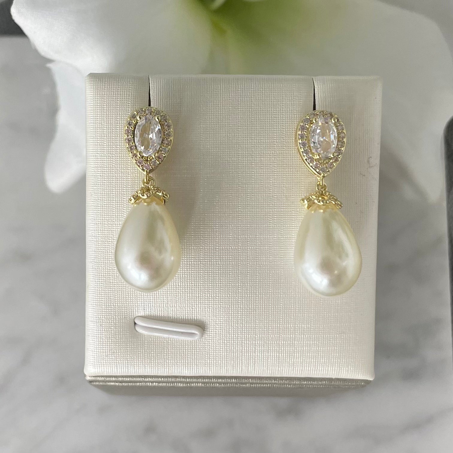 Eloise Bridal Dangle Earrings with Zircon Studs and Teardrop Pearls - Divine Bridal