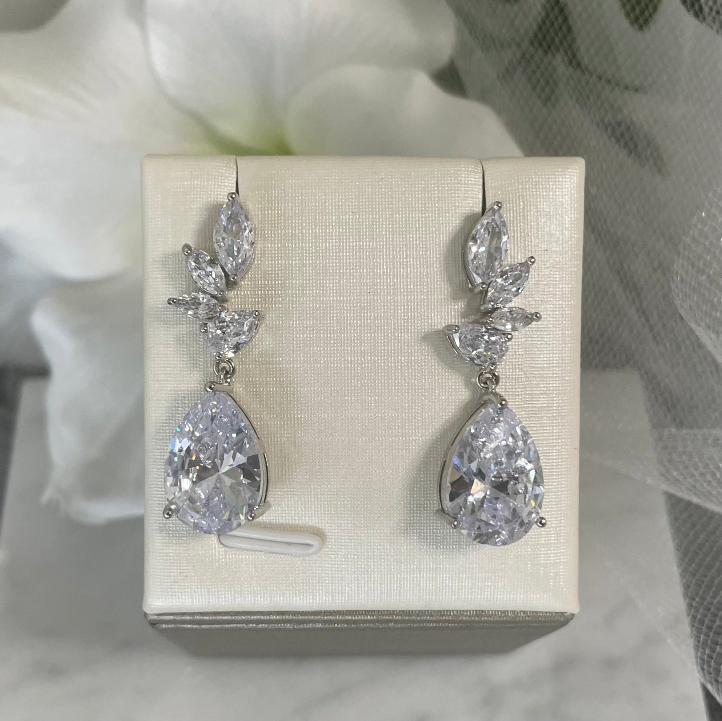 Elegant drop-style Cynthia Crystal bridal earrings showcasing a harmonious blend of modern and classic crystal elements.
