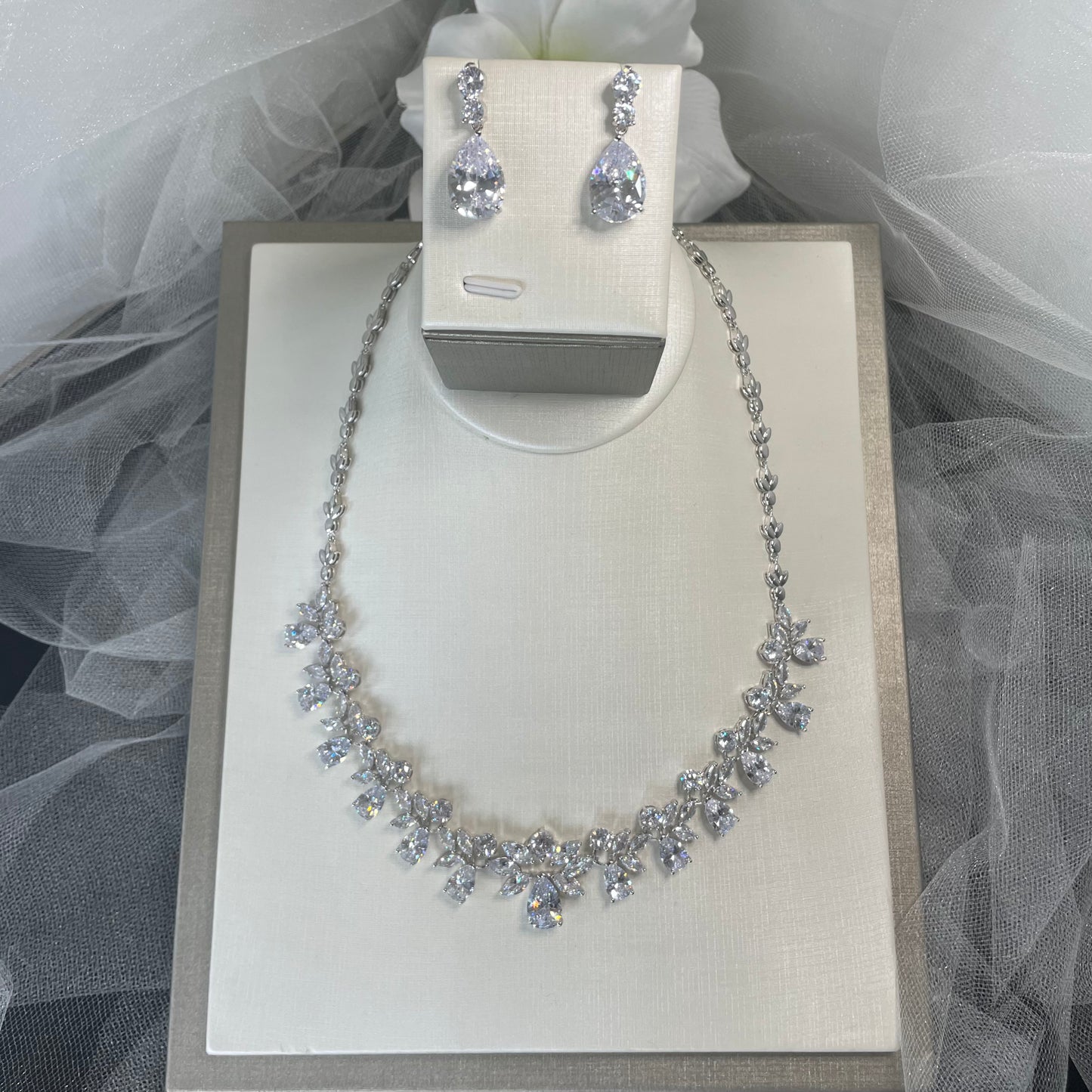 Amelia Bridal Jewelry Set with Necklace and Earrings in CZ Cubic Zirconia - Divine Bridal