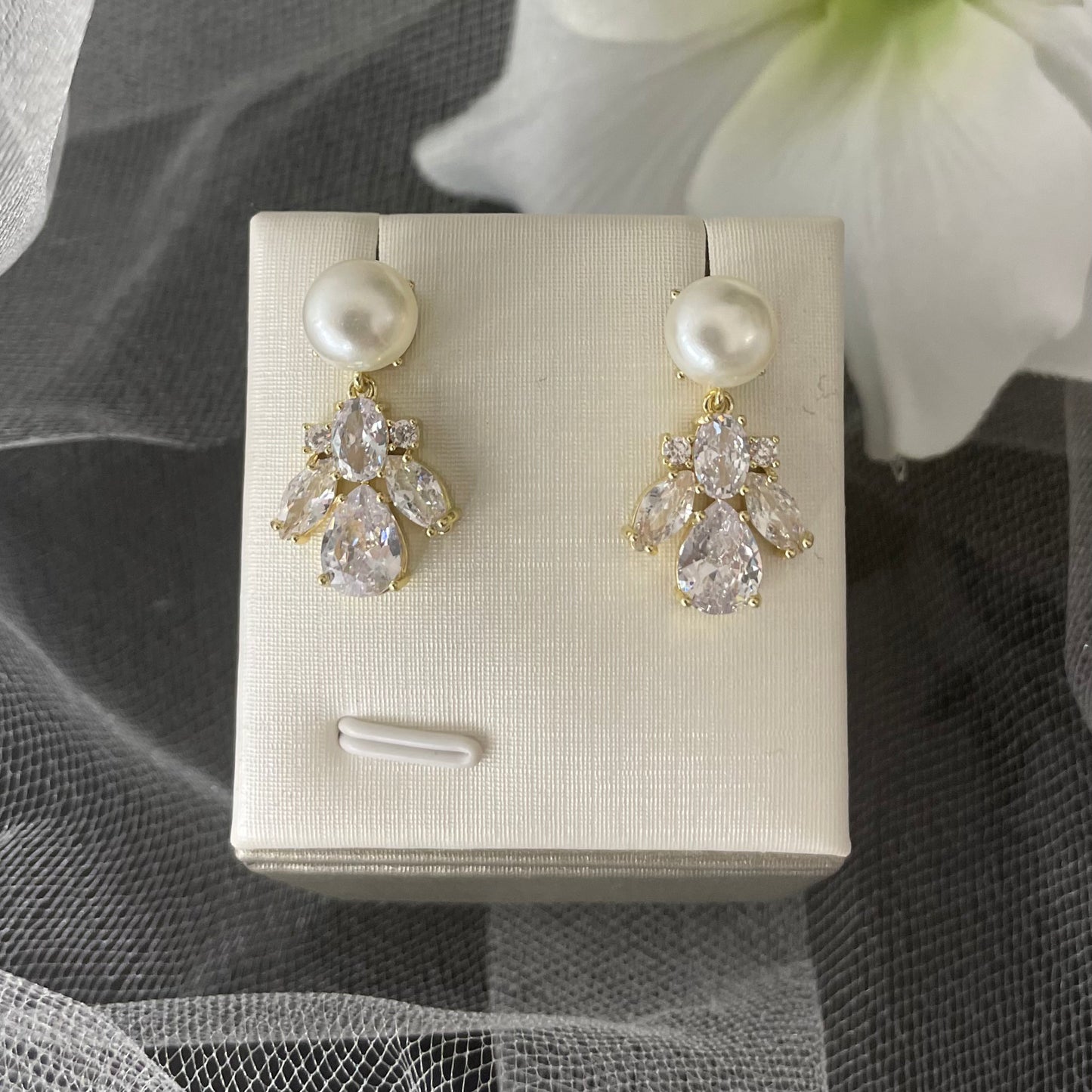 Elixir Bridal Stud Earrings with Gold Plated CZ and Pearls - Divine Bridal
