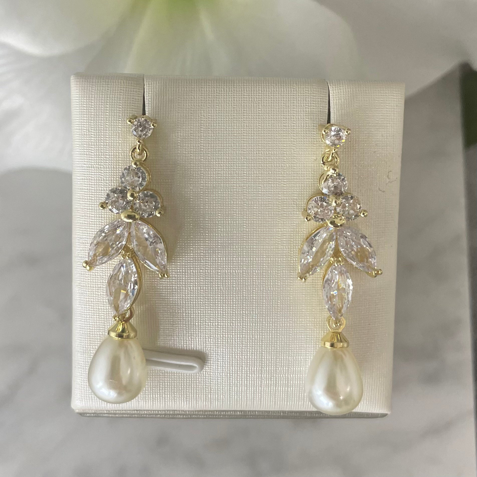 Coco Bridal Earrings with Gold Plated Leaf CZ and Pearl Drops - Divine Bridal