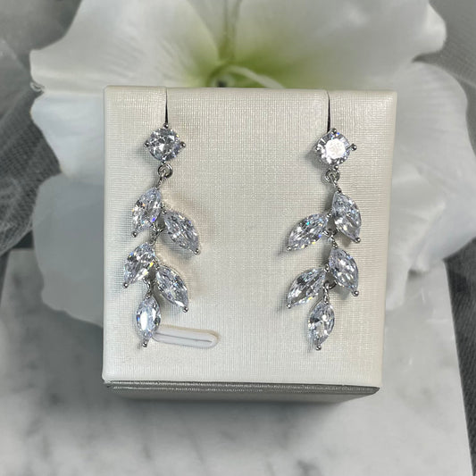 Tahlia cubic zirconia crystal earrings featuring a round top crystal and descending leaf-shaped crystals in a silver-tone setting, perfect for adding elegant sparkle to bridal attire.