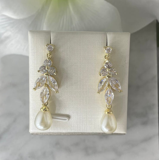 Coco Bridal Earrings with Gold Plated Leaf CZ and Pearl Drops - Divine Bridal