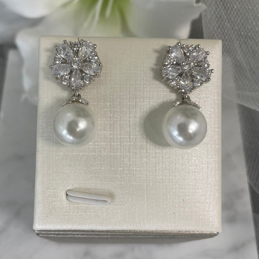 Elsie Bridal Earrings with CZ Flower and Pearl Dangle in Silver Plating - Divine Bridal