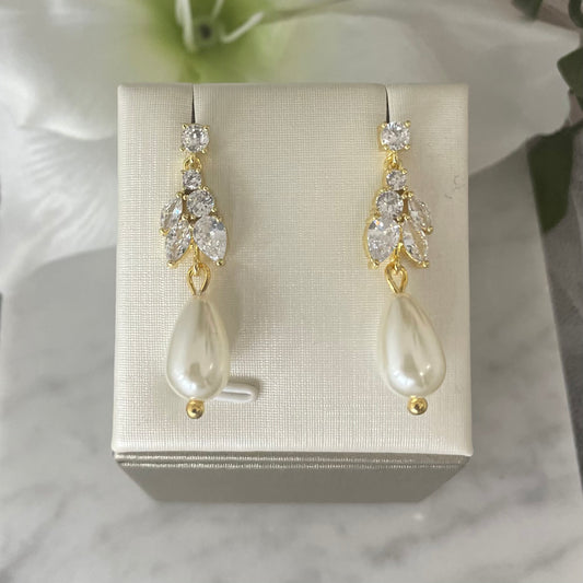 Elegant Bronte Gold Pearl Drop Earrings with shimmering crystals - Divine Bridal