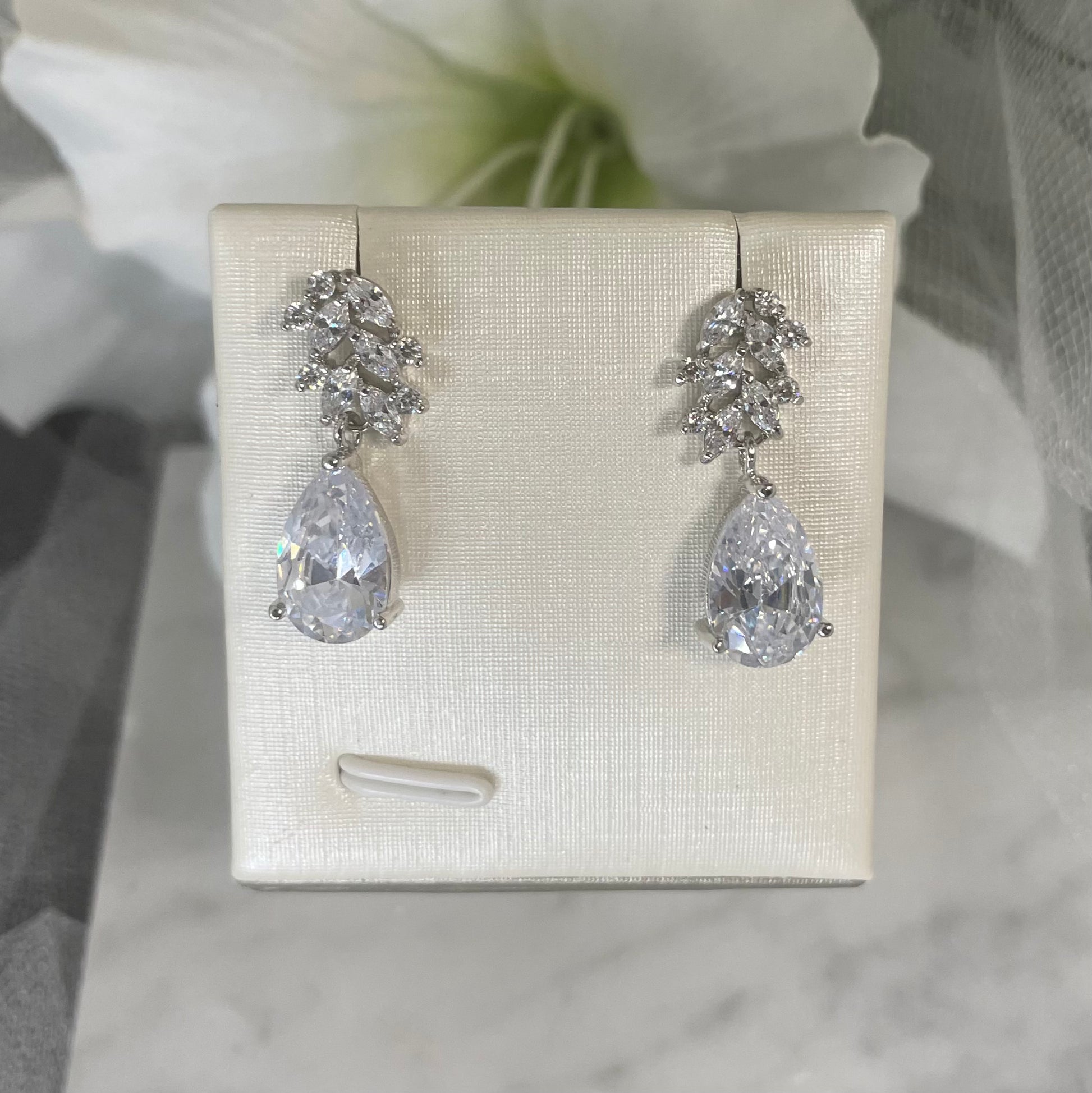 Tess Bridal Earrings with Clear Crystal Drop and Leaf Cluster Detailing - Divine Bridal