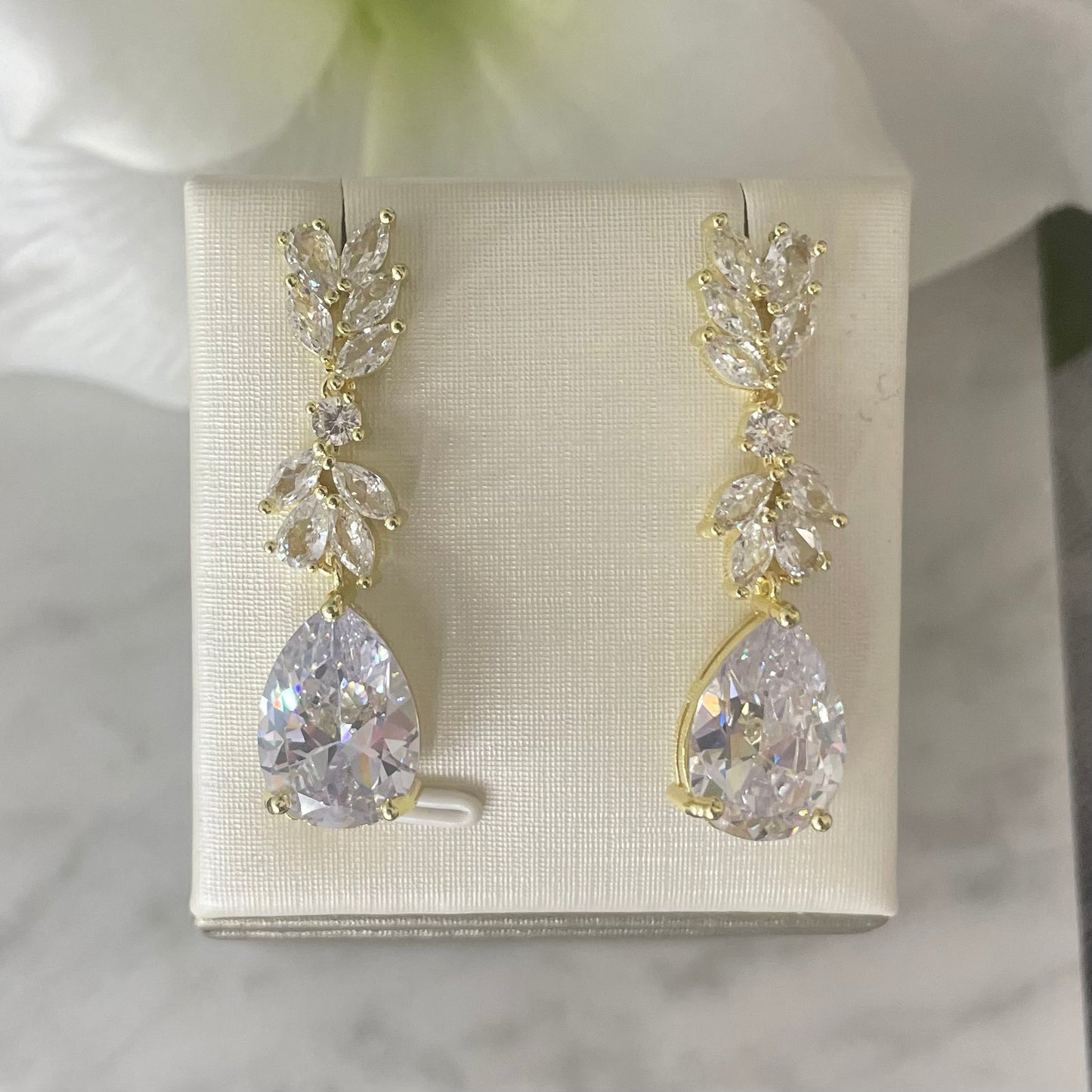 Paris Gold Plated Floral CZ Drop Bridal Earrings - Divine Bridal