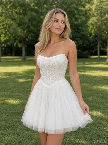 Pearl Corset Mini Wedding Dress | Strapless Beaded Tulle