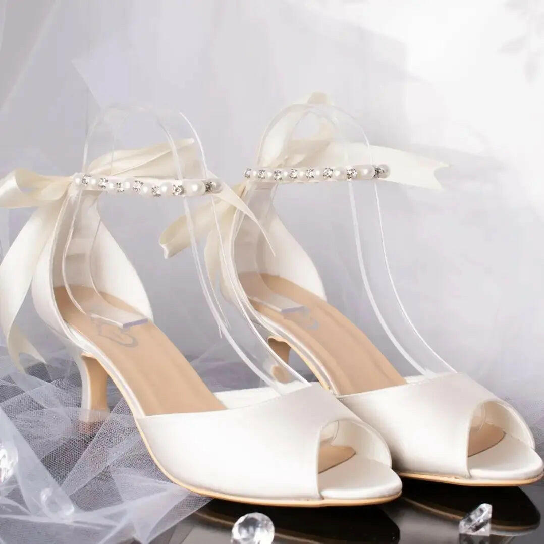 Kaia Open Toe Pearl Ankle Strap Wedding Bridal Shoe.
