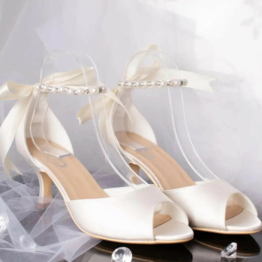 Kaia Open Toe Pearl Ankle Strap Wedding Bridal Shoe.