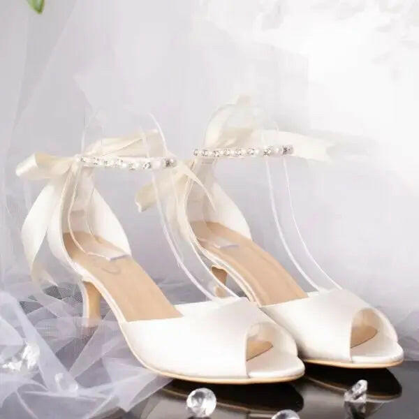 Kaia Open Toe Pearl Ankle Strap Wedding Bridal Shoe.