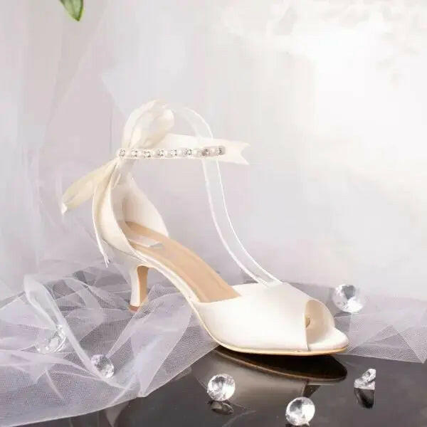 Kaia Open Toe Pearl Ankle Strap Wedding Bridal Shoe.