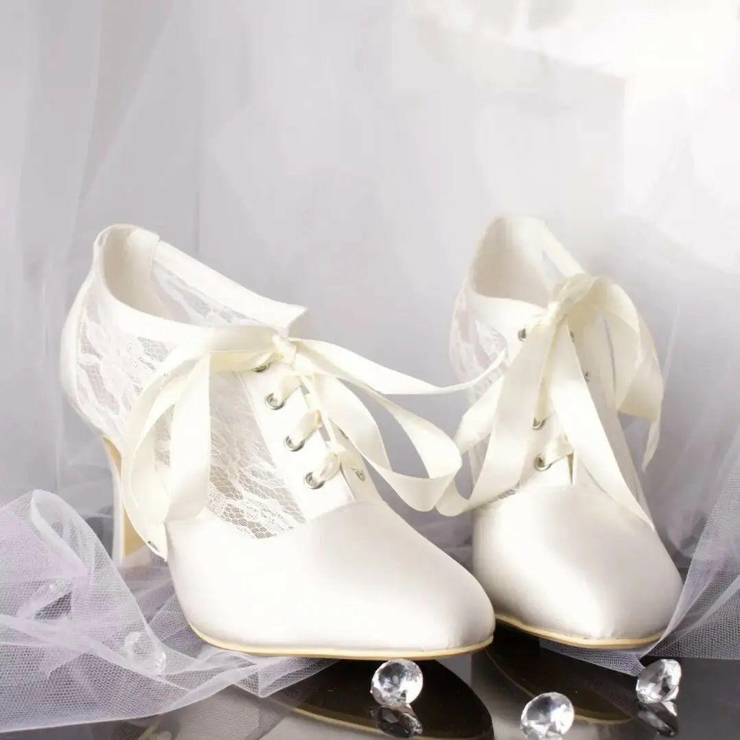 Mauve Lace Up Wedding Bridal Shoes.