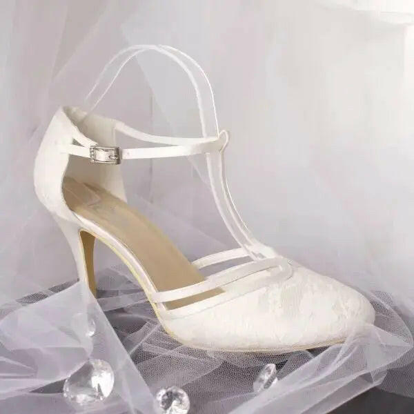 Misty Lace Closed Toe T-bar Ankle Strap Wedding Bridal Shoe.