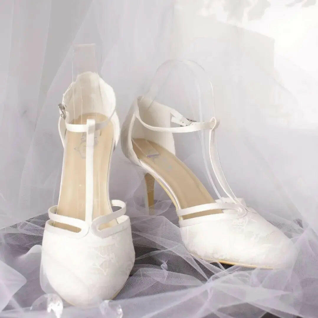 Misty Lace Closed Toe T-bar Ankle Strap Wedding Bridal Shoe.