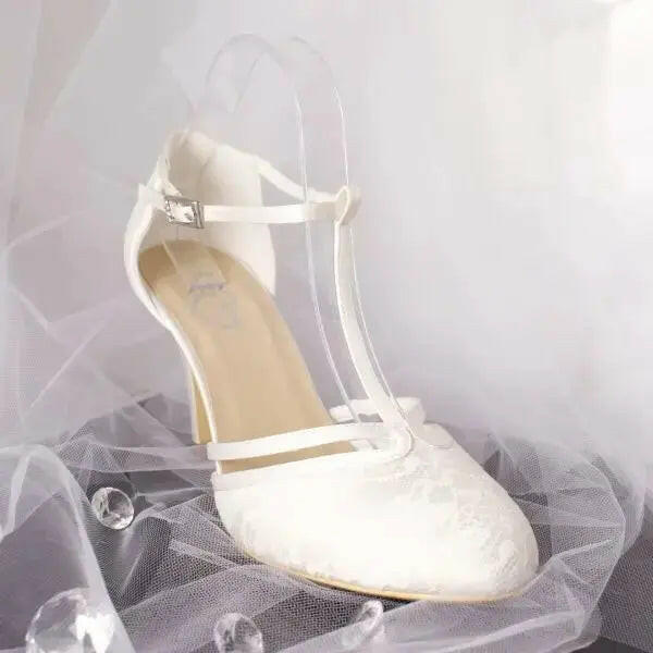 Misty Lace Closed Toe T-bar Ankle Strap Wedding Bridal Shoe.