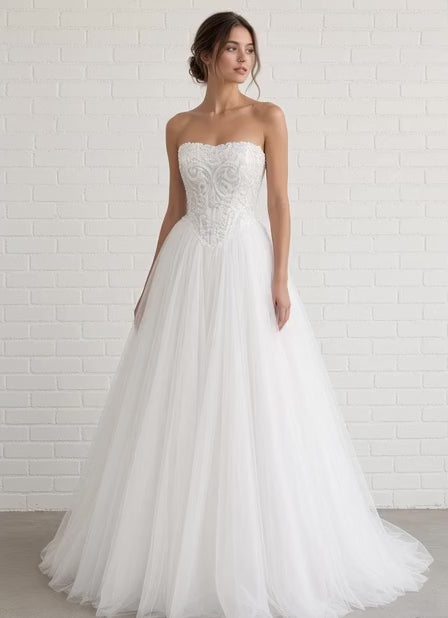 Ava V1 scroll lace debutante dress video – strapless beaded lace corset gown with full tulle skirt shown on the model