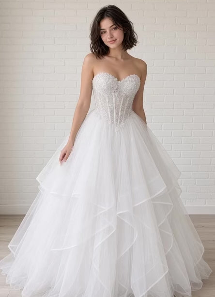 Anvi V1 beaded debutante dress video – strapless lace corset gown with full ruffle skirt shown on the model