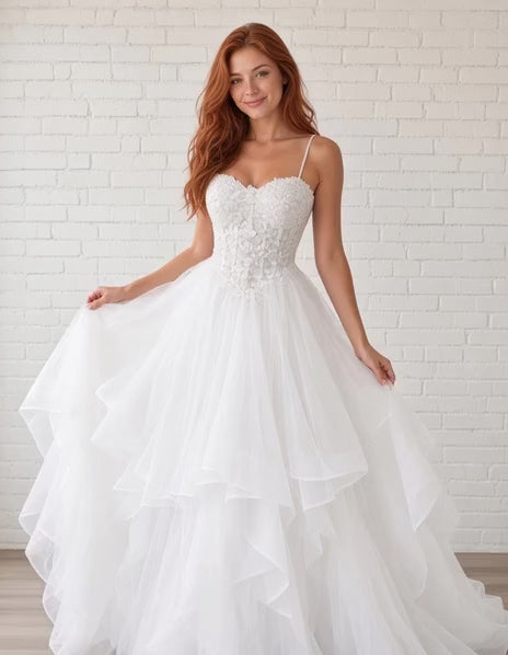 Riva debutante dress video – pearl strap lace gown with layered tulle skirt shown on the mannequin