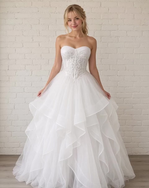 Deanna debutante ball dress video – strapless embroidered corset gown with layered tulle skirt shown on the mannequin