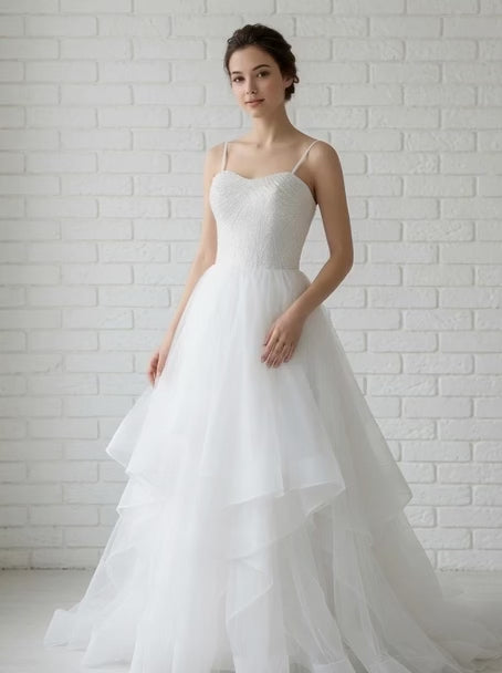 Luna Beaded Strapless Sweetheart Ruffled Tulle Debutante Ball Gown - model twirling in sparkling white beaded ruffled tulle gown for Melbourne debutante